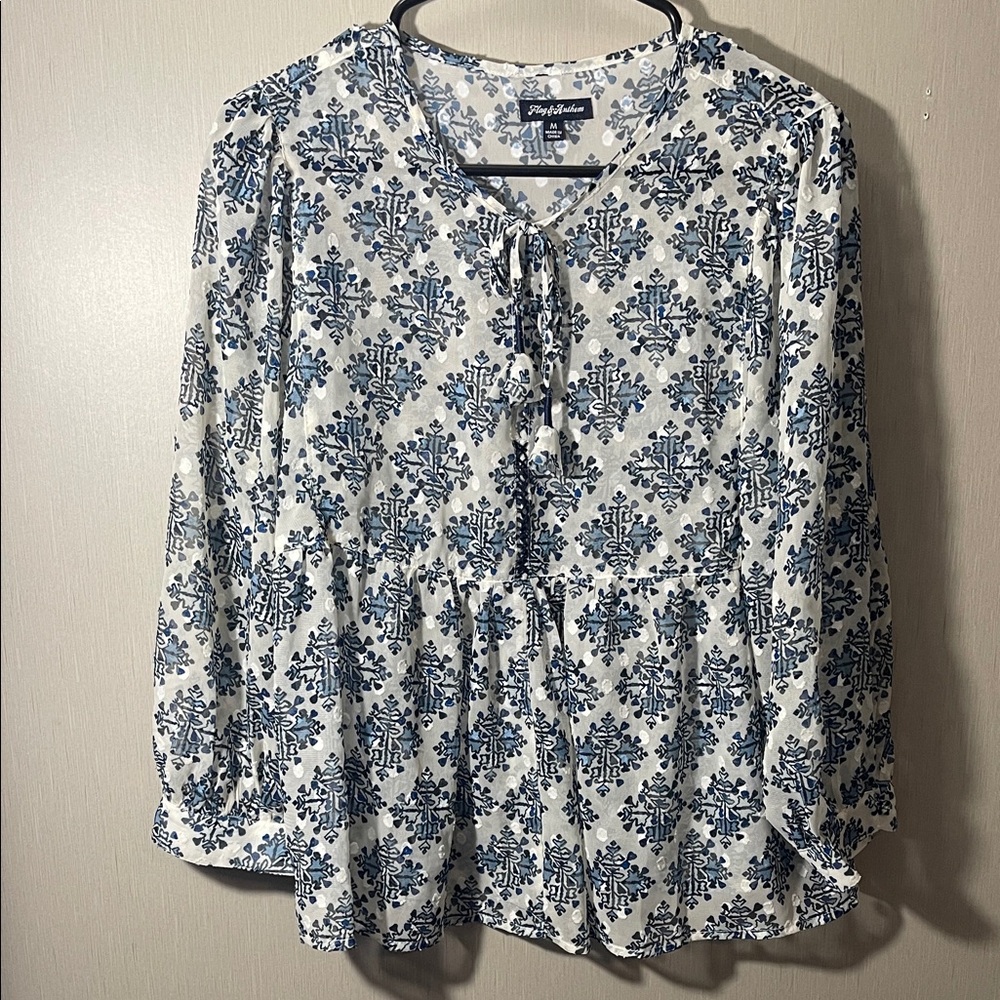 Flag & anthem Blue White Blouse Swiss dot babydoll medium tassels